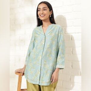Fabindia Blue Cotton Silk Printed Tunic- XL